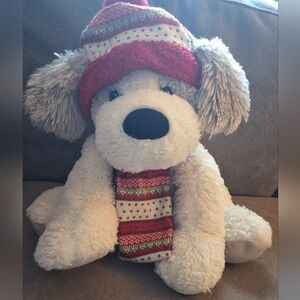 Hugfun International Christmas Dog Plush White Gray Puppy Red Hat Scarf 12”
